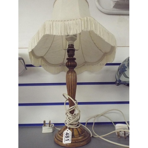 481 - Wooden turned table lamp with fluted column with fancy shade.