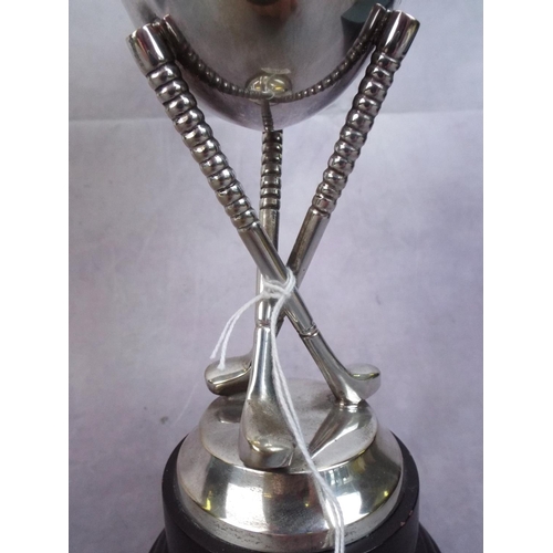 88 - Silver plated steel Golfing trohpy on plinth. 10 inches tall.