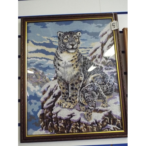 297 - Ltd Ed George Crayford print of a leopard plus tapestry of a snow leopard & framed and mounted wolf ... 