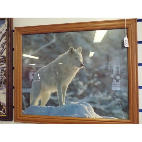 297 - Ltd Ed George Crayford print of a leopard plus tapestry of a snow leopard & framed and mounted wolf ... 