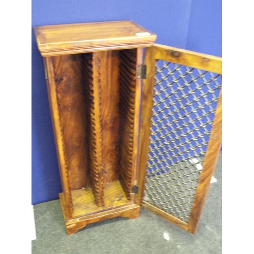 369 - Wooden and mesh fronted CD storage box of heavy wood construction. Approx 3ft tall