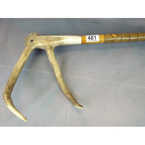 481 - Natural Antler horn walking stick with brass ferrule