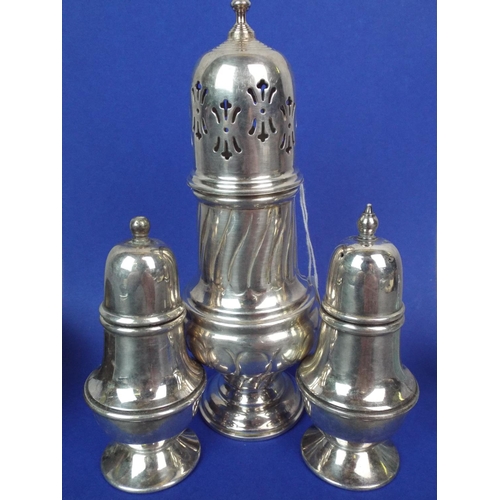 13 - Silver plated pair of cruets and a sugar shaker.