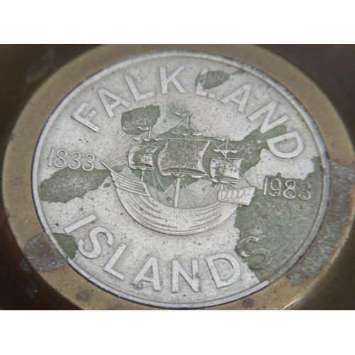 29 - Trench art ashtray with a Falklands Islands coin inset.