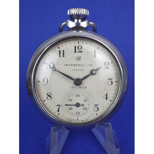 46 - Ingersol Triumph pocket watch with chrome case in working order.