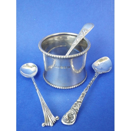 7 - Hallmarked silver napkin ring and three hallmarked silver spoons.   35.4g overall