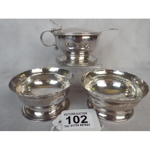 102 - 1930's Heavy silver plated pair of salts and preserve jar & spoon.