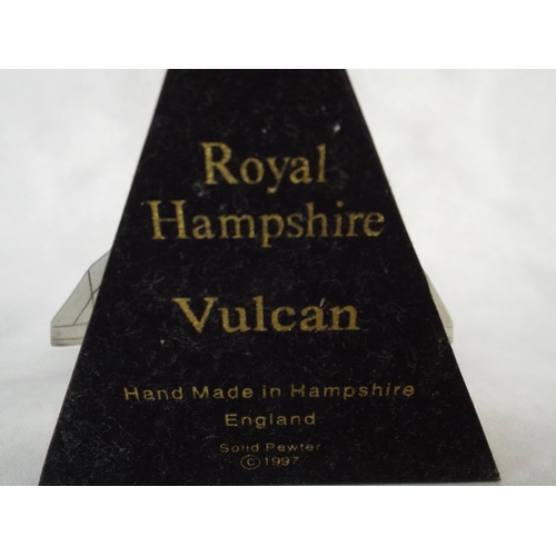 107 - A solid Pewter model of a Vulcan Bomber on wooden plinth & original box. 4.5 inch wingspan