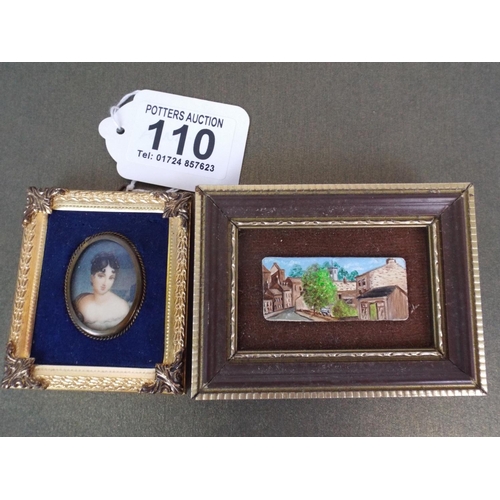 110 - Victorian hand painted miniature on enamel with gilt frame plus one other.