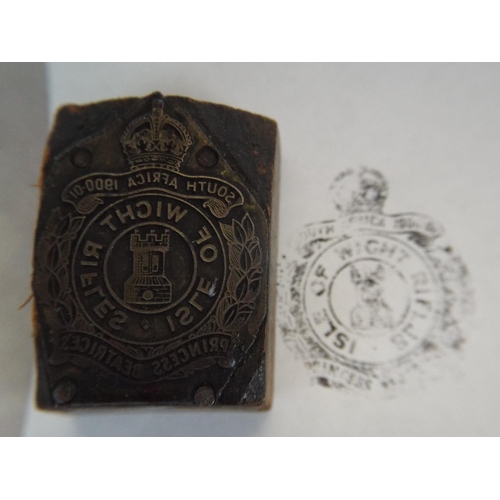 112 - Pre WW1 Era bakelite vesta plus IOW rifles hand stamp.