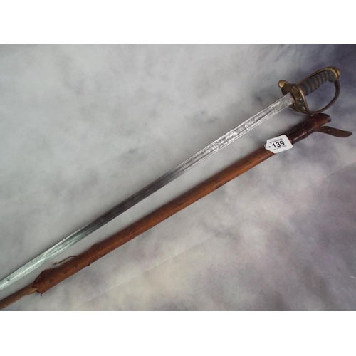 139 - WW1 Officers Dress sword. Engraved blade & leather scabbard. TP Edwards, Royal army Medical corps.