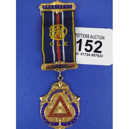 152 - 1960's Gilt plated Silver masonic presidents medal.