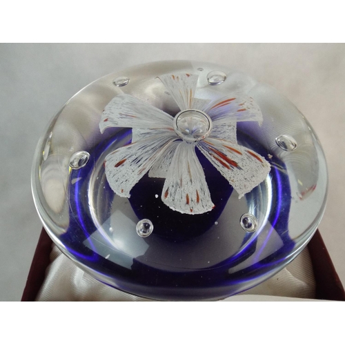 3 - Royal Crest, Handmade glass paperweight 'Moonlight blossom' with original box.