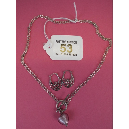 53 - 925 Tee bar necklace with pair of 925 silver earrings.