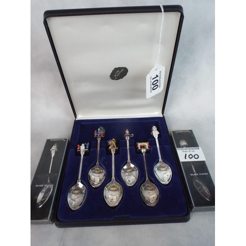 100 - Boxed set of Enamelled finial christmas spoons plus two others by Exquisite.