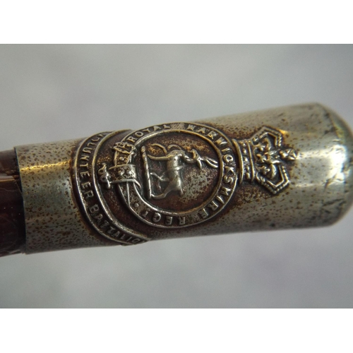 147 - WW1 Era swagger stick with metal top bearing the crest of the Royal Warwickshire reg. 2nd volunteers... 