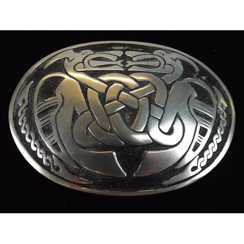 82 - St Justin pewter , Double Dragon Celtic design pewter belt buckle.