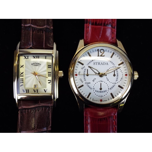 101 - Rotary time/date watch plus Strada chronograph type watch, both with leather straps.