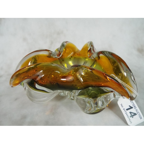 14 - Large and heavy Murano style handkerchief tricorner bowl.