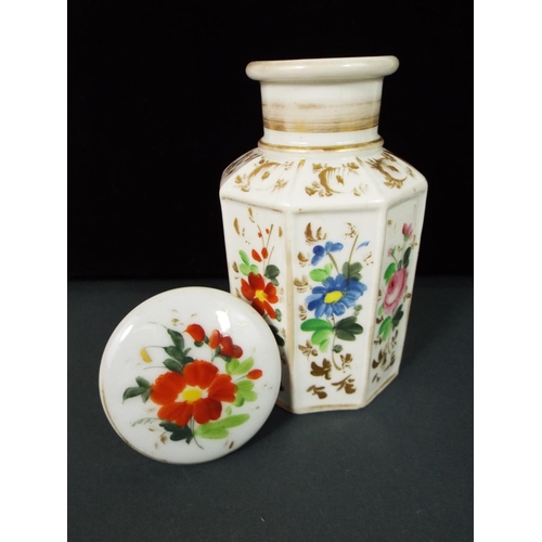 2 - Octagonal hand painted scent bottle with matching stopper. Approx 5 .5 inches tall