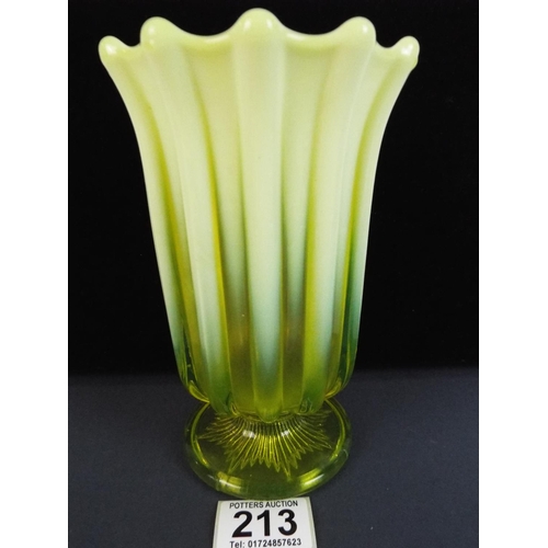 213 - Edwardian era lemon glass/ uranium glass vase. Approx 8 inches tall.