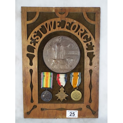 25 - Trio of WW1 medals. Victory medal. 14/18 medal, 1914 star plus Bronze death plaque. A Collingwood.