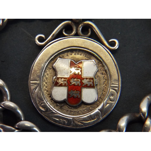 37 - Silver and enamel fob with St George's cross centre with a  white metal graduated watch chain.