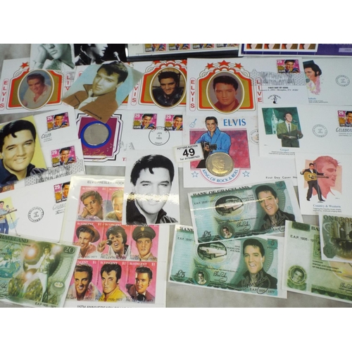 49 - Large collection of Elvis Stamps, coins mint stock stamps plus photo's and elvis banknotes.