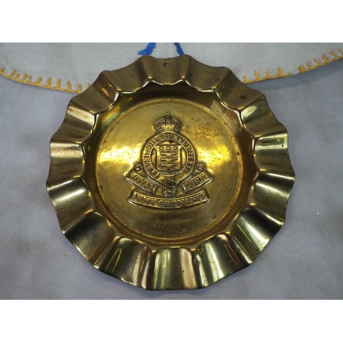 73 - WWW2 era Royal corp of Army Ordnance trench art ashtray plus embroiderd sweetheart sample.