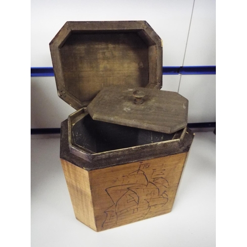 338 - Old lined tea caddy with original lid, carved to outside.