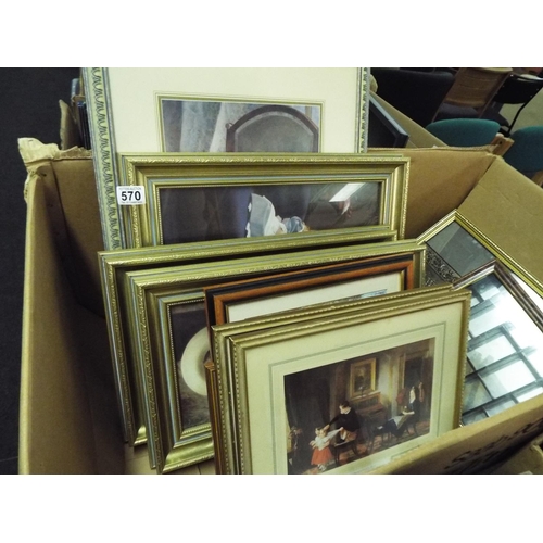 570 - Large box of assorted framed prints etc