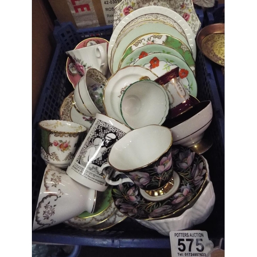 575 - Tray of assorted cups and saucers inc royal albert