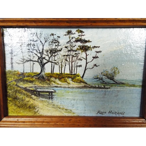 140 - Original framed miniature oil painting by Grimsby artist Ron Norriss. The fishing pond.  5 inches X ... 