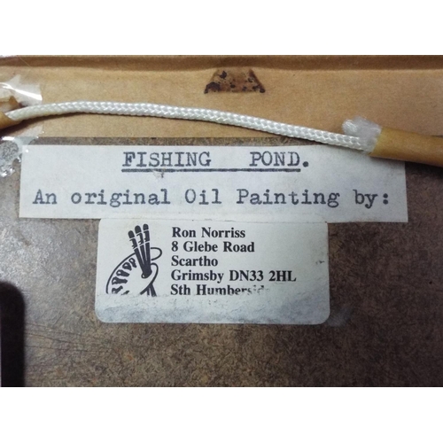 140 - Original framed miniature oil painting by Grimsby artist Ron Norriss. The fishing pond.  5 inches X ... 