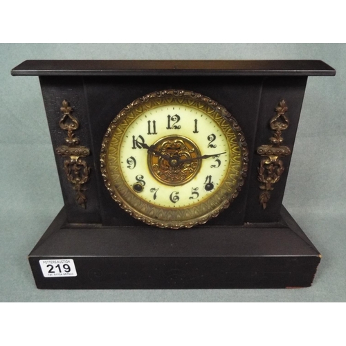 219 - TOC era wooden bodied chiming mantle clock. Enamel face & gilt trimmings. Working order