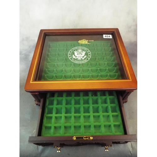 404 - Wood and glass coin collectors cabinet with locking drawer