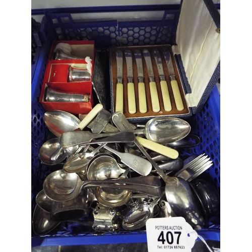 407 - Tray of assorted silver plate