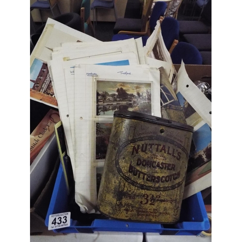 433 - Box of assorted items including old postcards, tins etc.