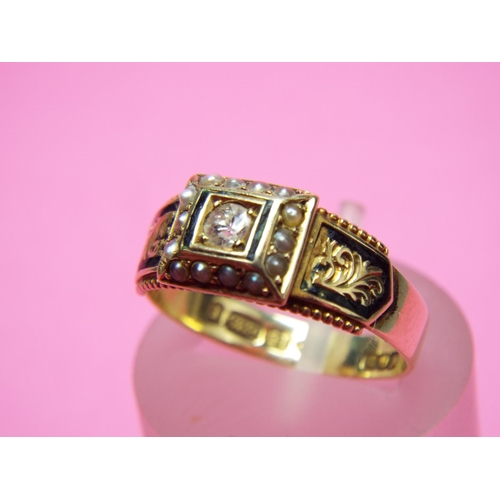 120 - Victorian 15ct Mourning ring with central diamond surrounded by seed pearls. Hallmarked for Chester ... 