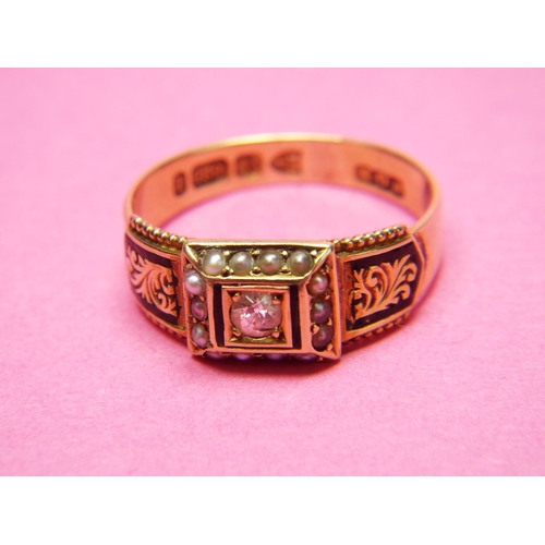 120 - Victorian 15ct Mourning ring with central diamond surrounded by seed pearls. Hallmarked for Chester ... 