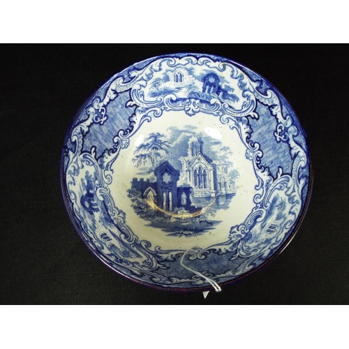 16 - Blue and white, Abbey patterned footed bowl. 8 inches in diameter