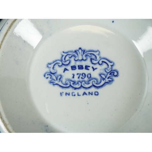 16 - Blue and white, Abbey patterned footed bowl. 8 inches in diameter