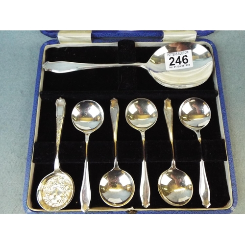 246 - Boxed set of sheffield plate soup spoons,. Original silk and velvet lined box.