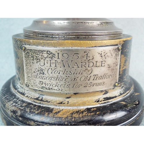 66 - Silver Lidded County Cricket Trophy. JH Wardle, ( Yorkshire & England) 1953 plus 1977 ashes menu wit... 