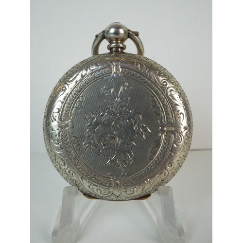 81 - Silver Pocket watch with scrolled case, Enamelled face. Requires attention to run.