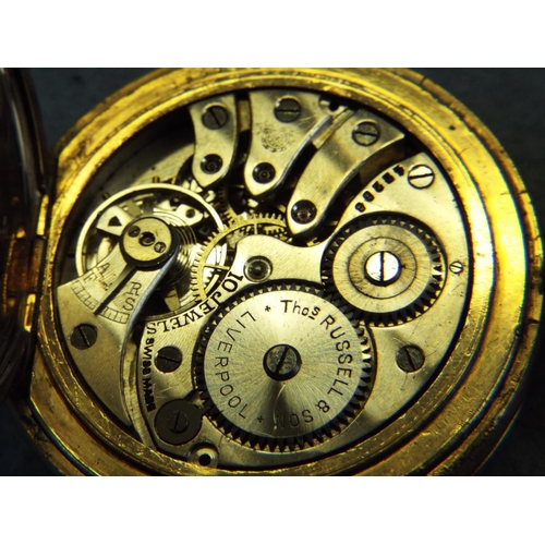 88 - Gold plated Elgin pocket watch. Russel of liverpool model. Crown wind in working order. Requires sec... 