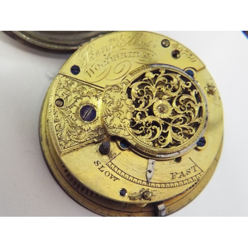 90 - Benjamin of woodbridge silver cased pocket watch, enamel face in working order with key 1824.