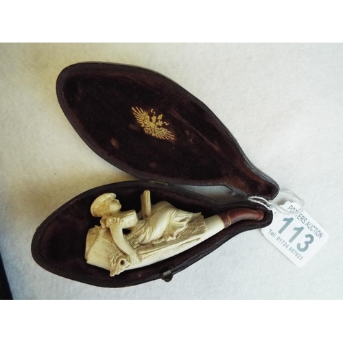 113 - Victorian Meerschaum carved pipe with original leather case. German made.