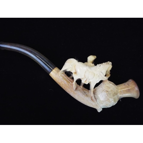 114 - Victorian Meerschaum carved pipe with original leather case. Man leading a horse.German made.