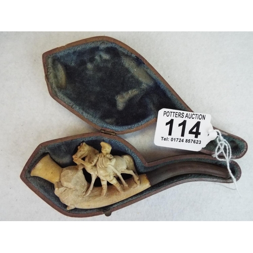 114 - Victorian Meerschaum carved pipe with original leather case. Man leading a horse.German made.